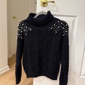 Jolie Elegant Black Turtleneck Sweater with Pearl Embellishments